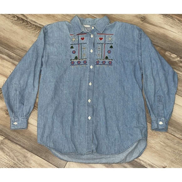 Ladies Capacity Shirt Denim Long Sleeve Button Front‎ Christmas Size Medium - Picture 1 of 6